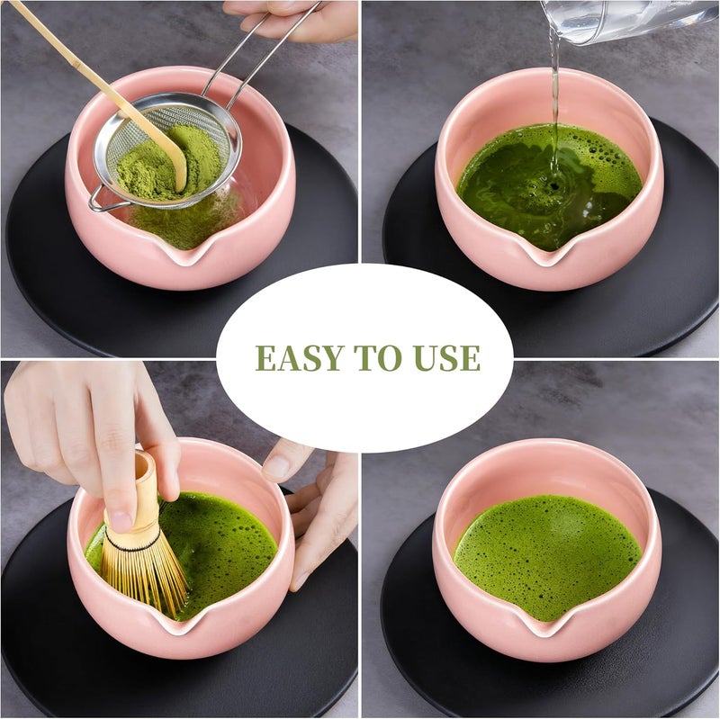 YIBO Matcha Whisk Set Pink, Handcrafted Bamboo Chasen & Ceramic Bowl Matcha Kit, Holder, Stainless Steel Sifter, Scoop Measuring Spoon & Cup Tools for Matcha Tea Ceremony - Image 4